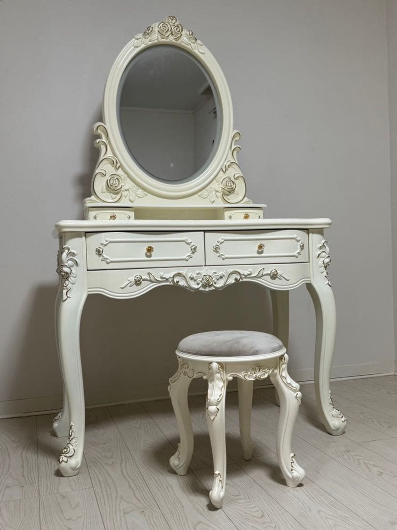 LEDミラー付きロココ調アンティーク可愛いドレッサー化粧台 横幅100cm