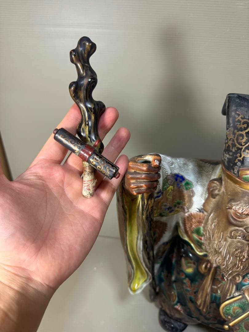 2281 九谷焼 古九谷 金彩色絵七福神 寿老人像 置物　特大　高50cm時代物