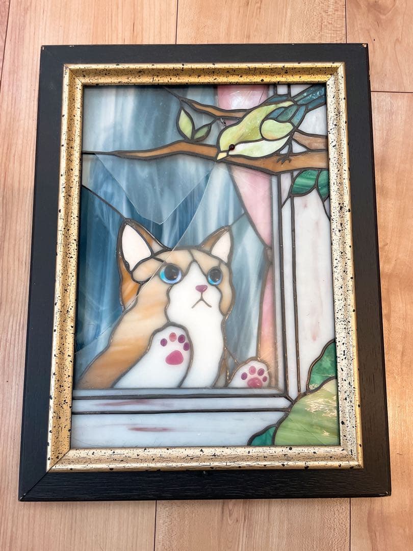 Toto garden 剱持敬子さん作　猫のステンドグラス　額付　（破損あり）