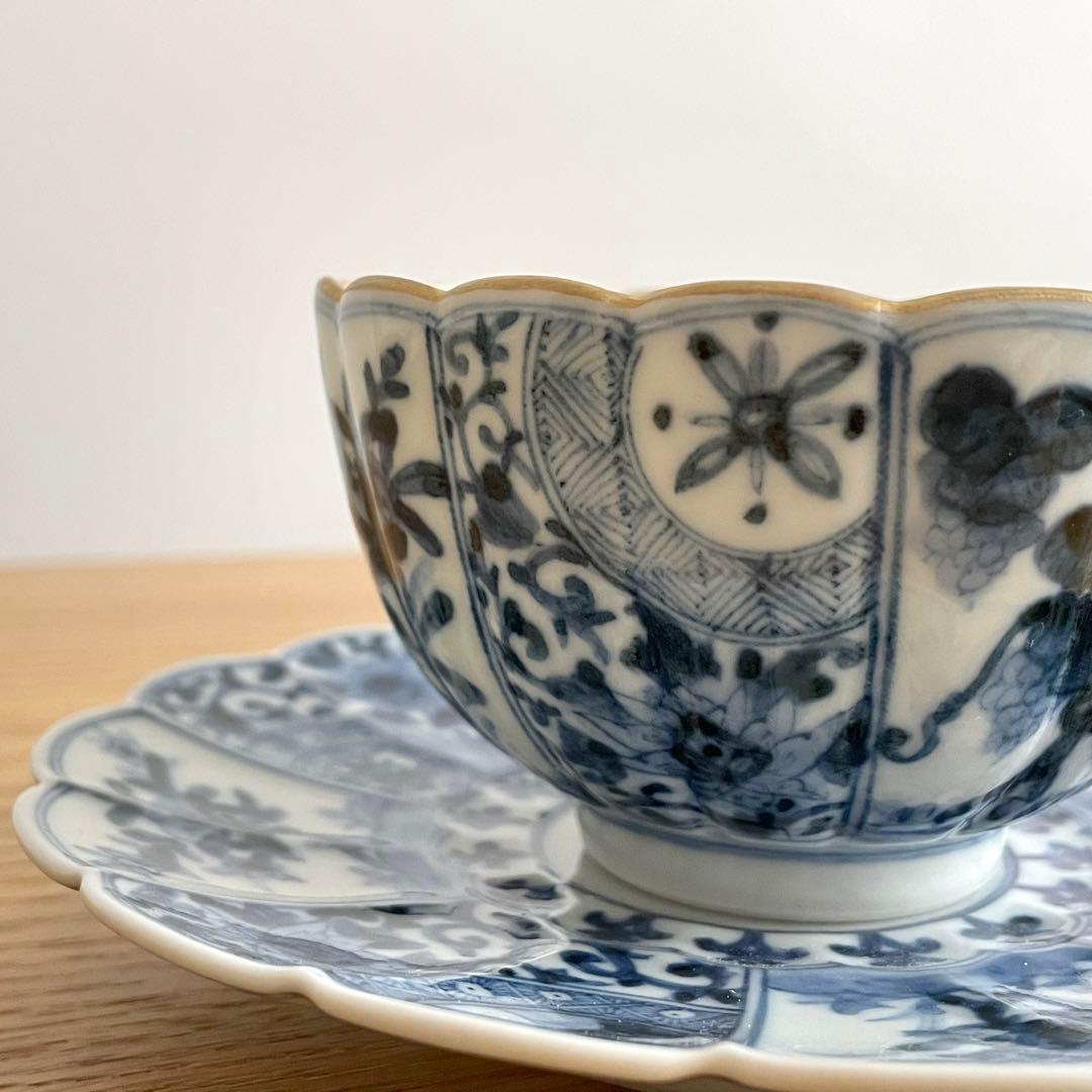 山本長左 藍九谷 菊型珈琲碗皿 樹花文 カップ＆ソーサー 染付 宮内庁御用達
