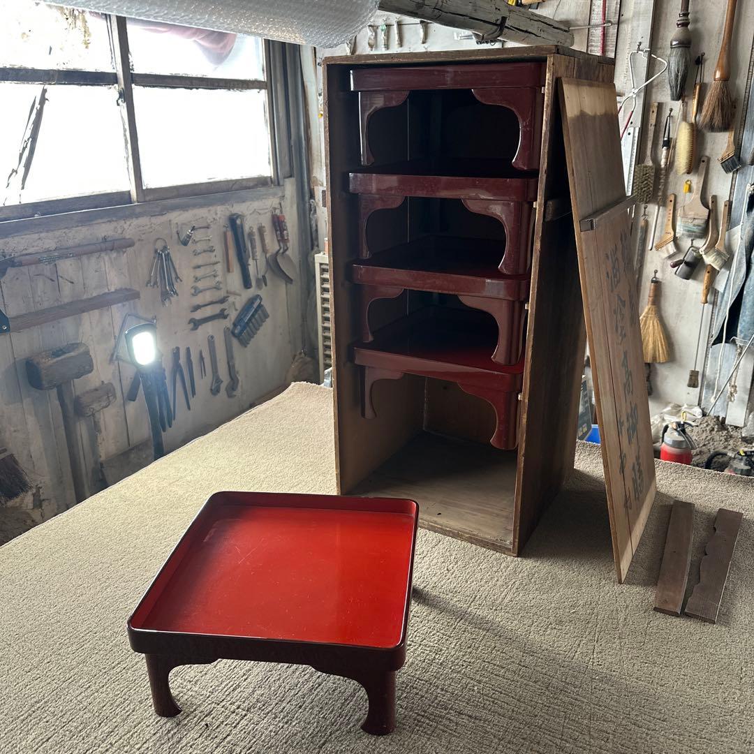 A 旧家 輪島塗 高脚膳 5客 時代漆器 専用木箱付き アンティーク き